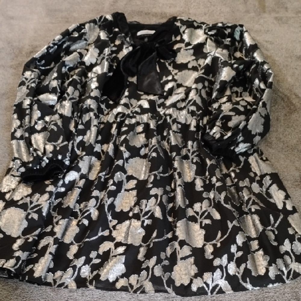 Eloquii Black Metallic Silver Floral Tie-Neck Dress